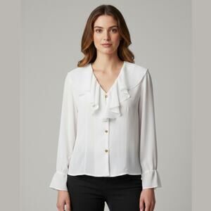 Vintage Calara USA Ruffled Collar Blouse Womens Size Large White Coastal Core